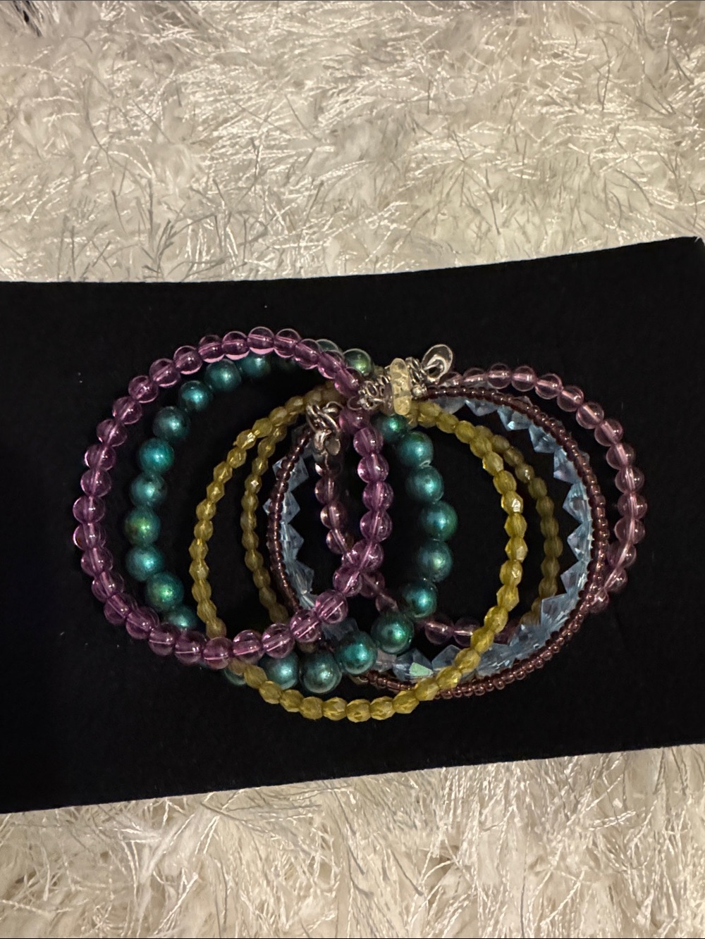 Multicolor Beaded (7)Stretch Bracelet Set - Purple, Olive,Teal & Blue